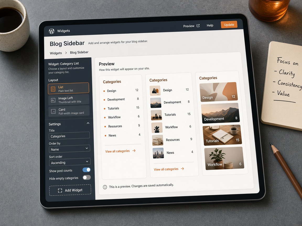 Sidebar category layouts: list and image formats