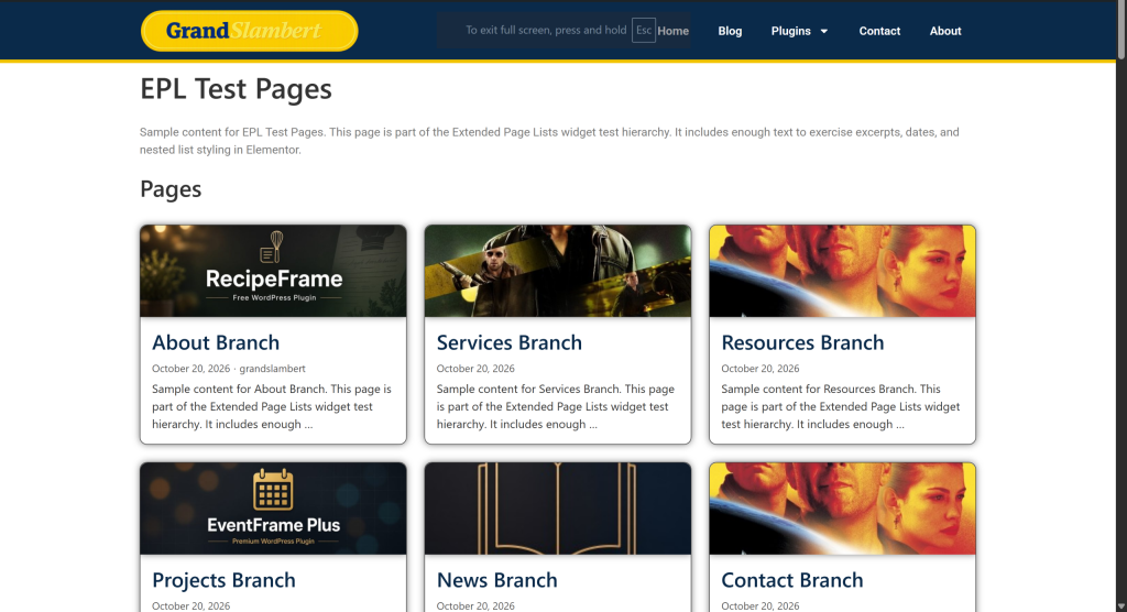 Extended Page Grid widget showing child pages as image cards