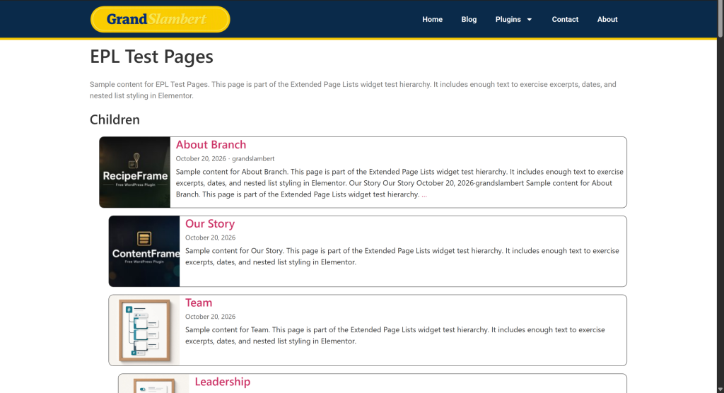 Extended Page List widget showing nested child pages with images and excerpts